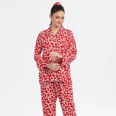 Silk Secret Autumn Red Linen Pajama Suit with Scrunchie