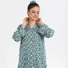 Silk Secret Floral Deep Sea Green Linen Pajama Suit with Scrunchie