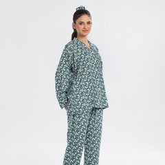 Silk Secret Floral Deep Sea Green Linen Pajama Suit with Scrunchie