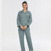 Silk Secret Floral Deep Sea Green Linen Pajama Suit with Scrunchie