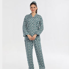 Silk Secret Floral Deep Sea Green Linen Pajama Suit with Scrunchie