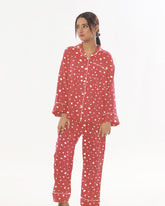 Silk Secret Linen Pajama Suit with Scrunchie - Rosy Polka
