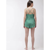 Women'S Green Laced Solid Cami And Shorts Nightsuit. Sm-158