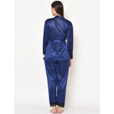 Women’S Navy Blue Laced Detailed Gown And Pajama Set. Sm-254