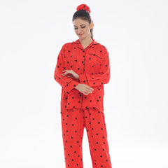 Silk Secret Black Hearts Linen Pajama Suit with Scrunchie