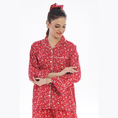 Silk Secret French Red Flowers Linen Pajama Suit with Scrunchie