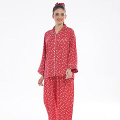 Silk Secret French Red Flowers Linen Pajama Suit with Scrunchie