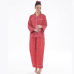 Silk Secret French Red Flowers Linen Pajama Suit with Scrunchie