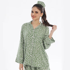 Silk Secret Floral Olive Linen Pajama Suit with Scrunchie