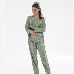 Silk Secret Floral Olive Linen Pajama Suit with Scrunchie
