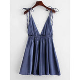 Women'S Navy Blue Backless Satin Tie Shoulder Sleepwear Dress. Sm-192