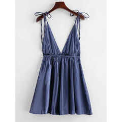 Women'S Navy Blue Backless Satin Tie Shoulder Sleepwear Dress. Sm-192