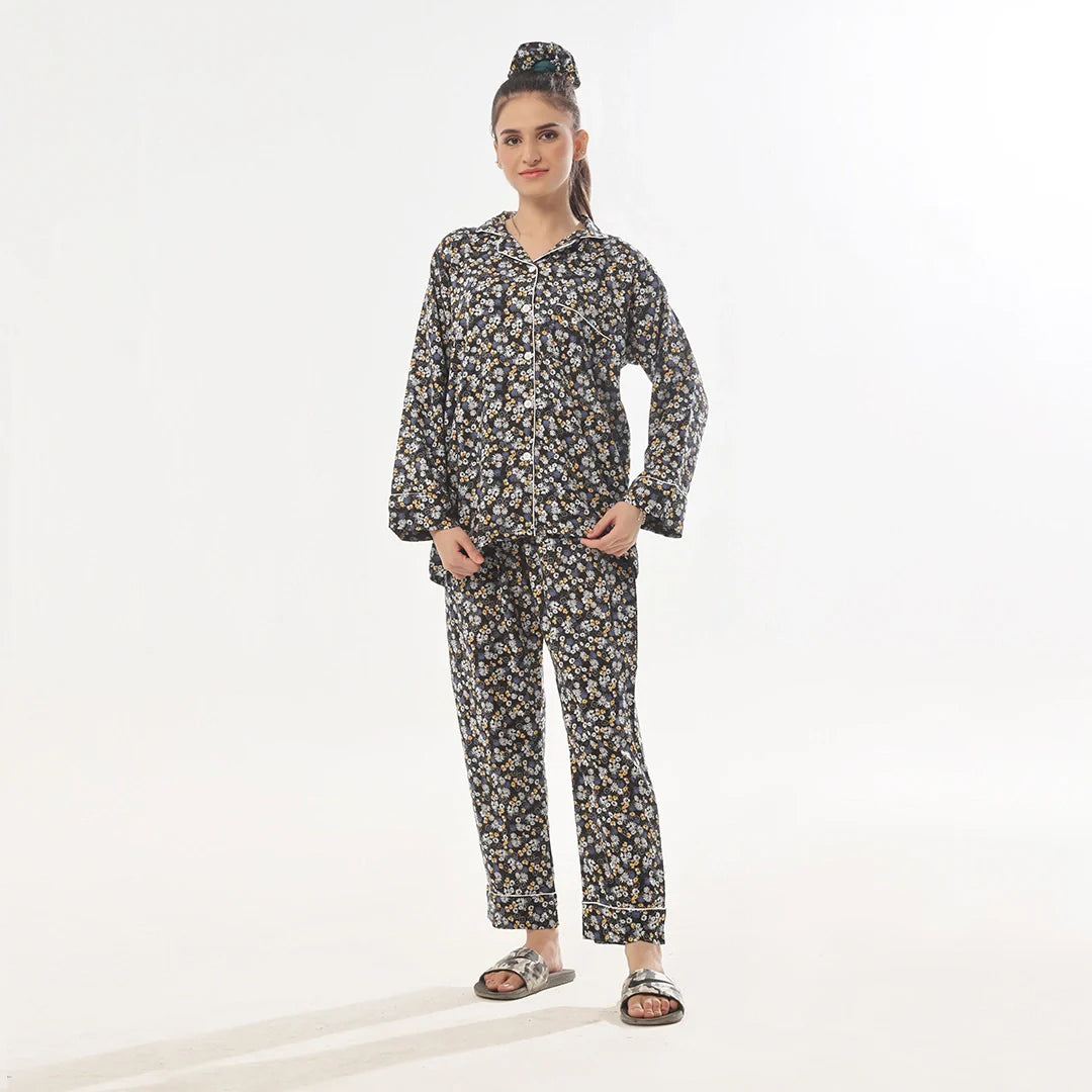 Silk Secret Dark Petals Linen Pajama Suit
