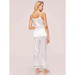 White Contrast Binding Cami And Pants Set For Women