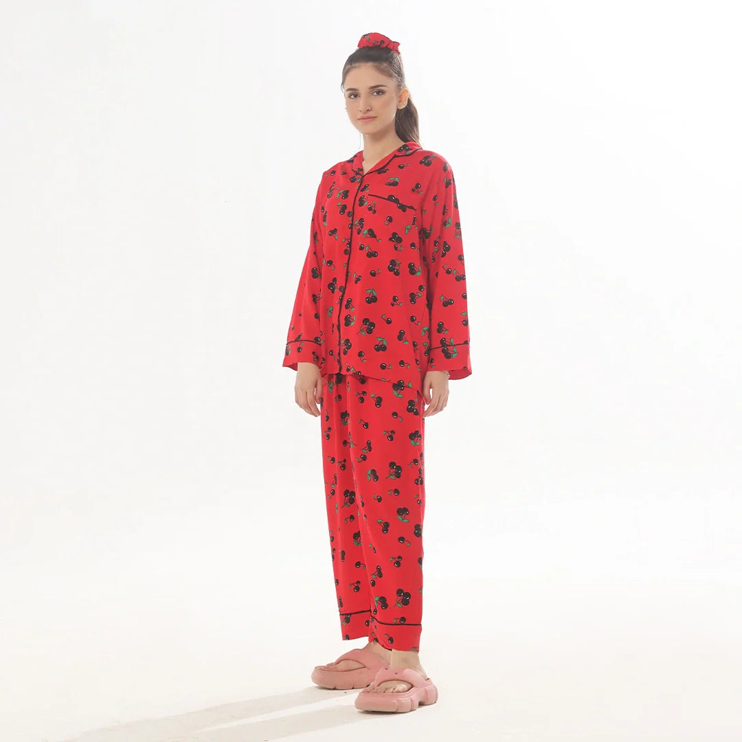 Silk Secret Cherry Linen Pajama Suit