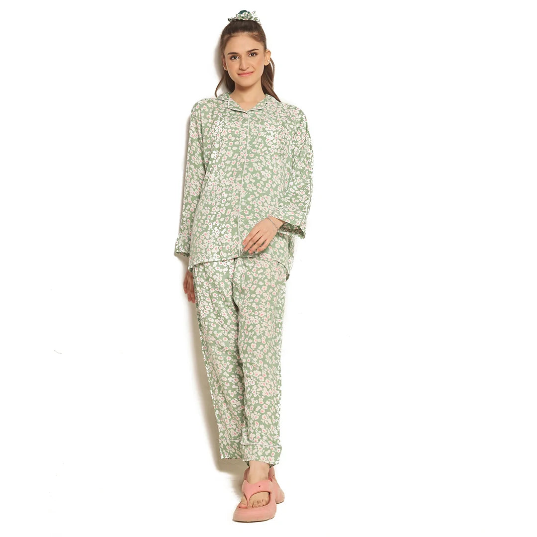 Silk Secret Mint Bloom Linen Pajama Suit