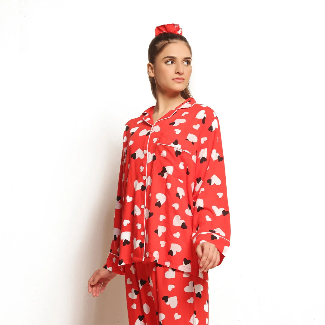 Silk Secret Sweetheart Red Linen Pajama Suit