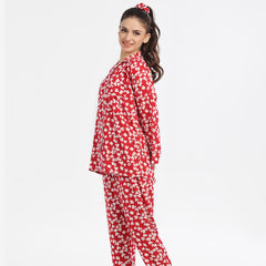 Silk Secret Autumn Red Linen Pajama Suit with Scrunchie