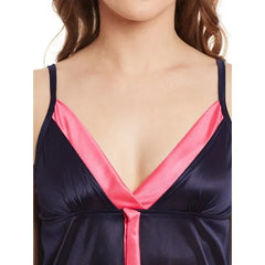 Navy Blue Contrast 2 Pieces Solid Nightdress For Women. Sd-1062