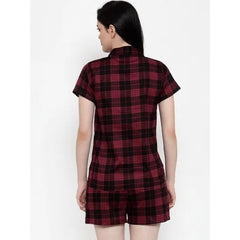 Women’S Maroon-Black Checkered Shorts Night Suit. Sm-792