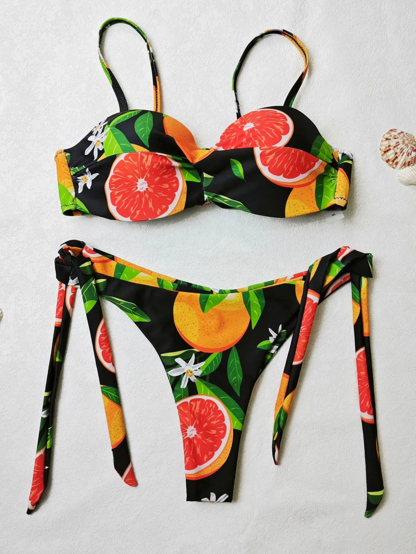 Silk Secret Leaf Fruit Print Pushup Thong Bikini set