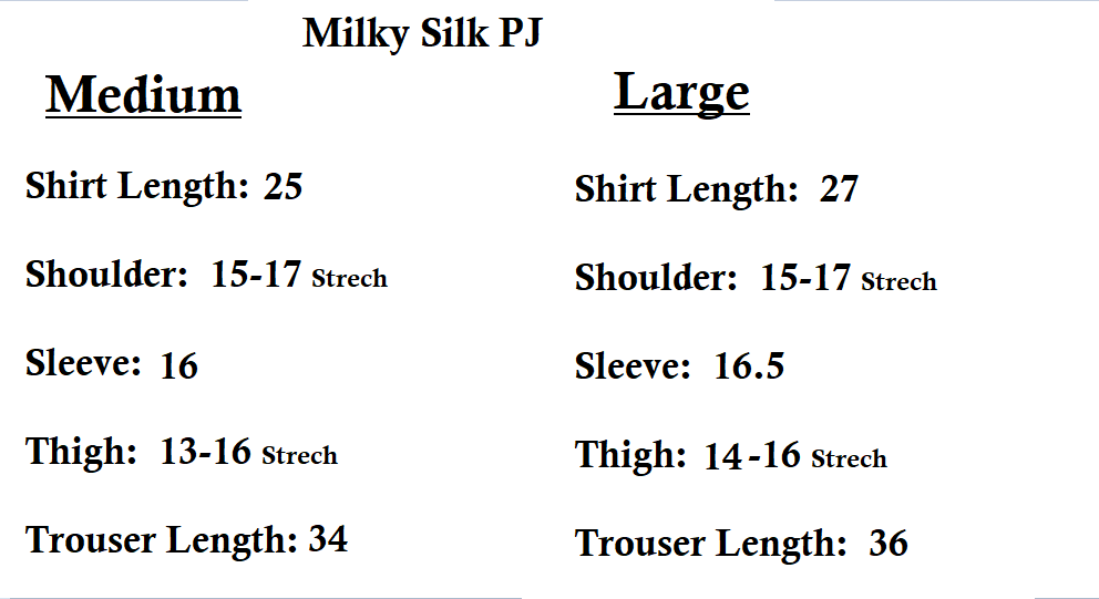 Silk Secret pj's size chart