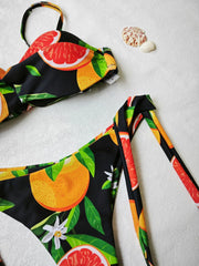 Silk Secret Leaf Fruit Print Pushup Thong Bikini set