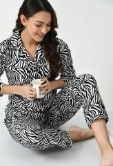 Silk Secret Galaxy Printed Pajama Suit Pattern Black zebra printed nightwear
