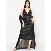 Women'S Black 2 Pieces Satin Laced Nightwear Dress. Sm-263