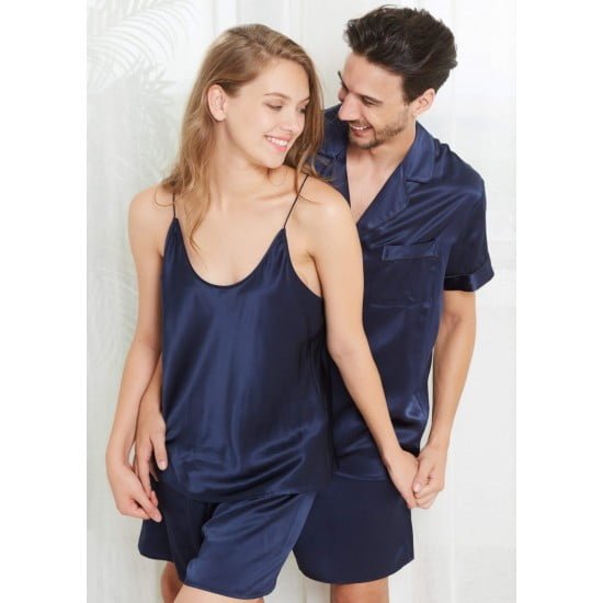 Buy Navy Short Silk Couple Pajamas Sets in Pakistan