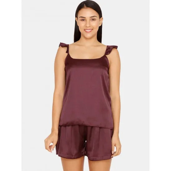 Women'S Maroon Frilled Cami And Shorts Night Suit. Sm-230