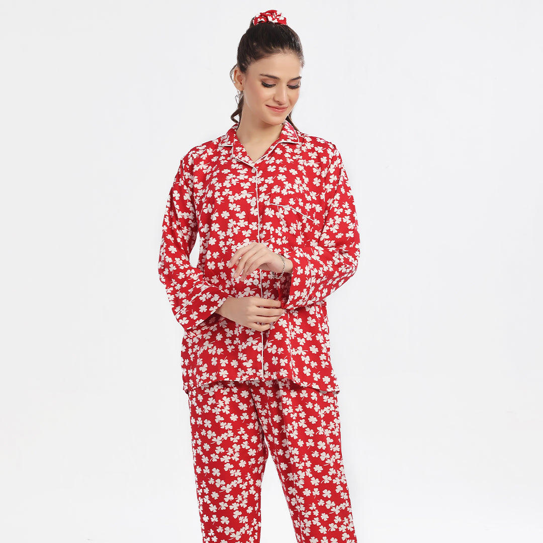 Silk Secret Autumn Red Linen Pajama Suit with Scrunchie