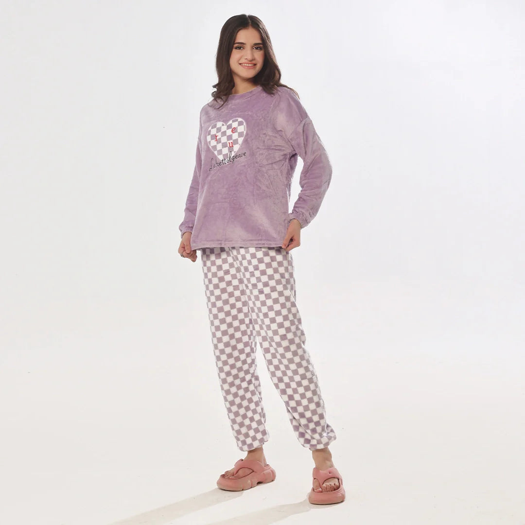 Silk Secret Pink Checks Fleece Pajama Suit