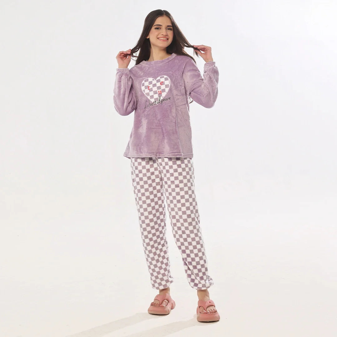 Silk Secret Pink Checks Fleece Pajama Suit