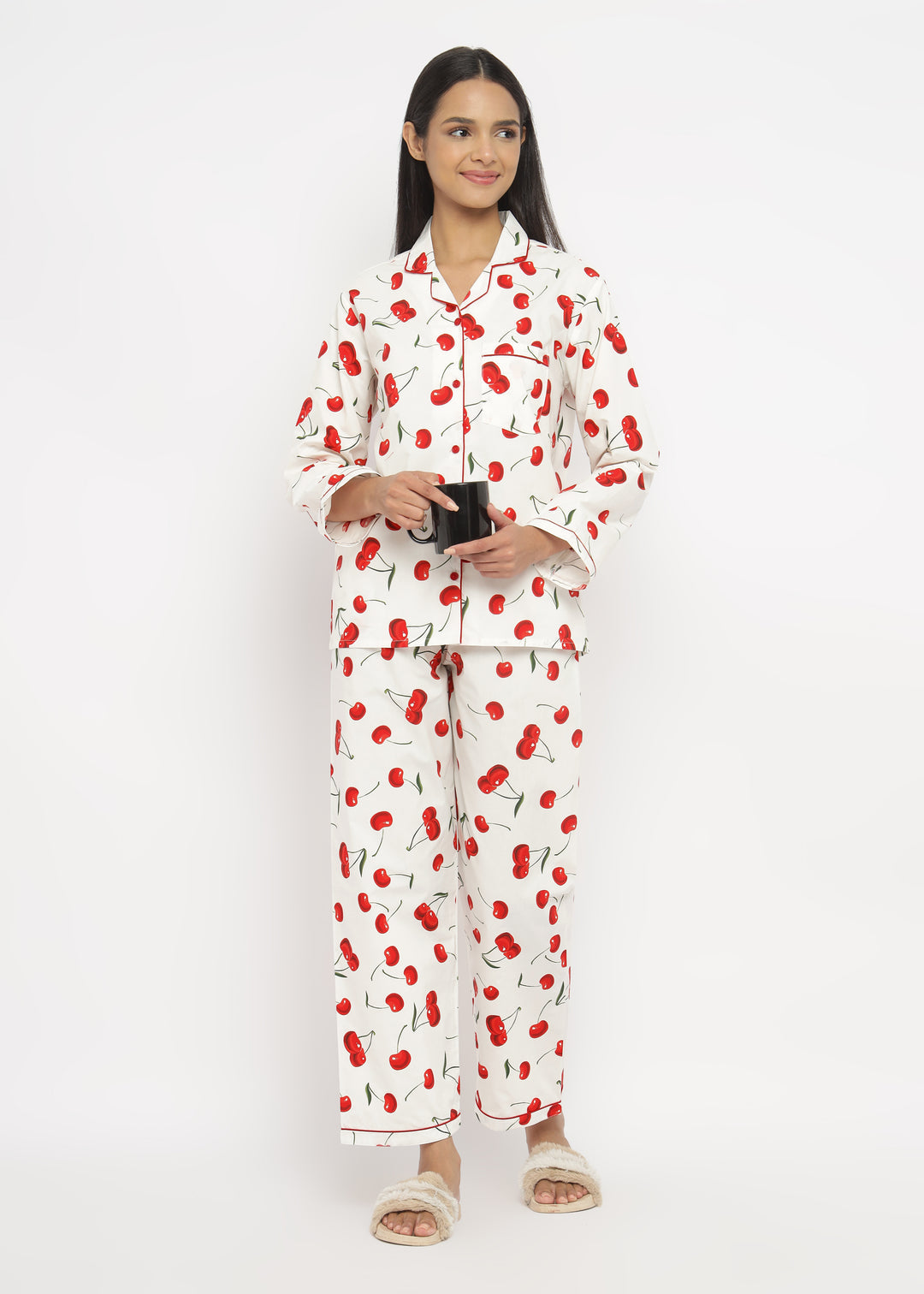 Silk Secret Linen Pajama Suit with Scrunchie - Sweet Cherry