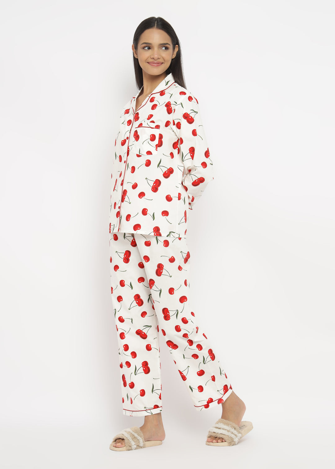 Silk Secret Linen Pajama Suit with Scrunchie - Sweet Cherry