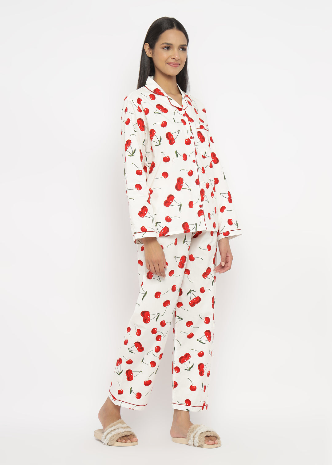 Silk Secret Linen Pajama Suit with Scrunchie - Sweet Cherry