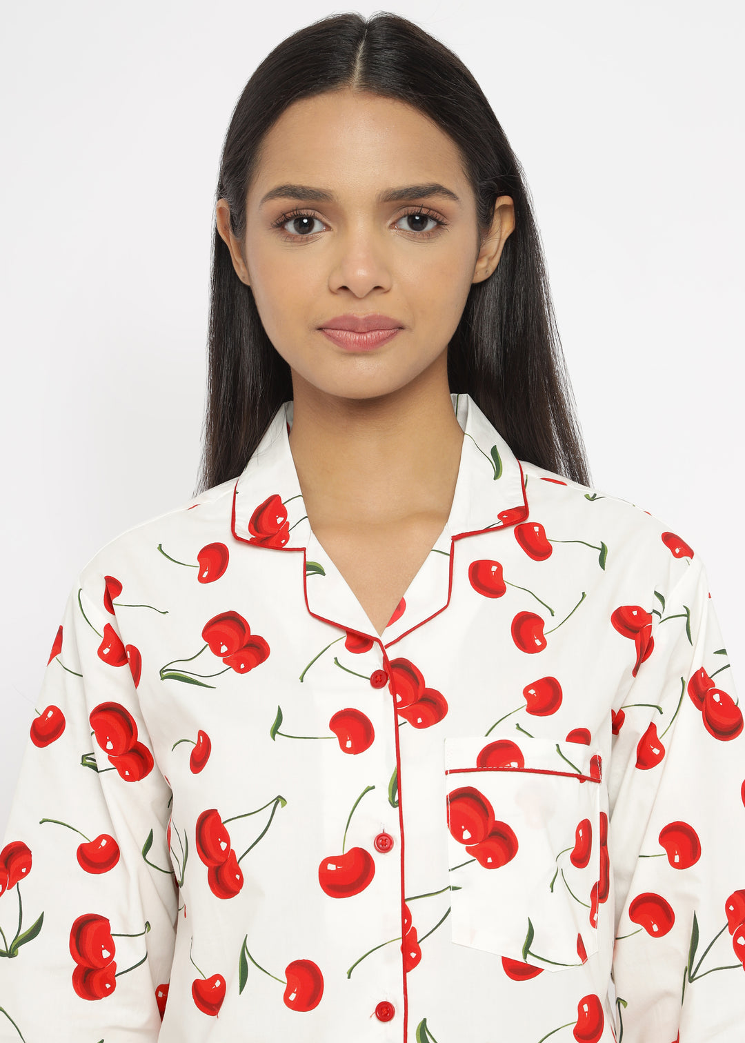 Silk Secret Linen Pajama Suit with Scrunchie - Sweet Cherry