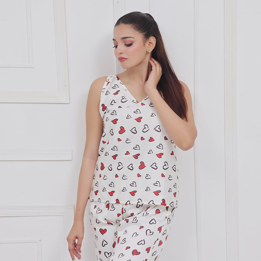 Silk Secret Spice Ceder Strap Jumpsuit Printed Hearts White