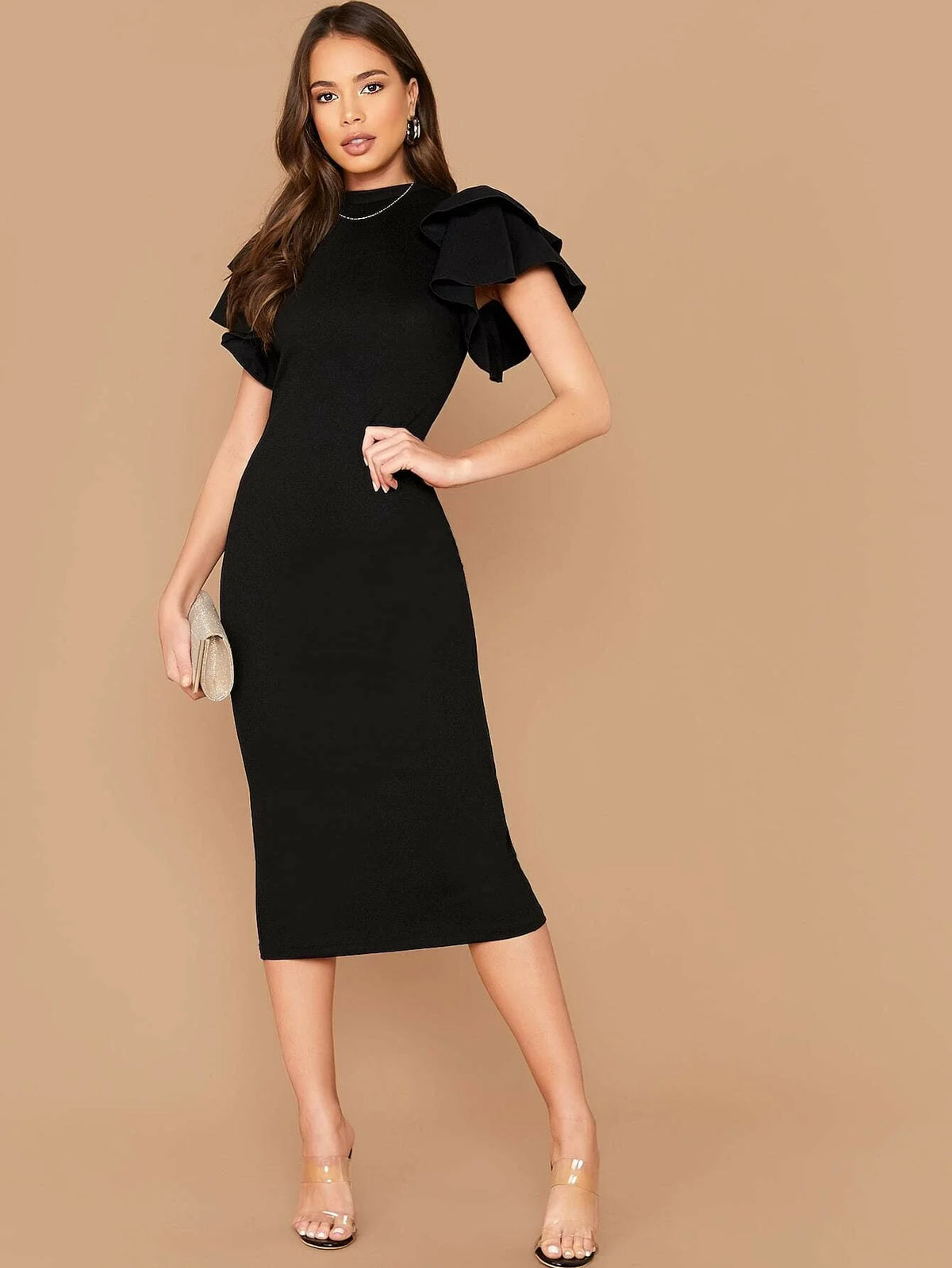 SHEIN Layered Flutter Sleeve Split Back Bodycon Dress