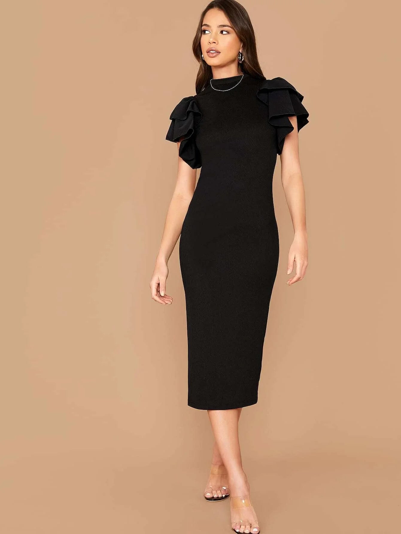 SHEIN Layered Flutter Sleeve Split Back Bodycon Dress