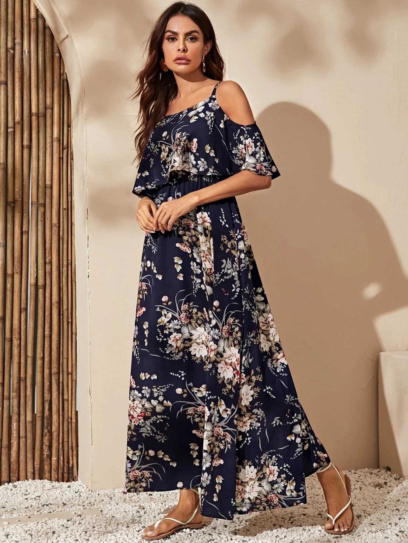 SHEIN VCAY Cold Shoulder Flounce Foldover Floral Dress