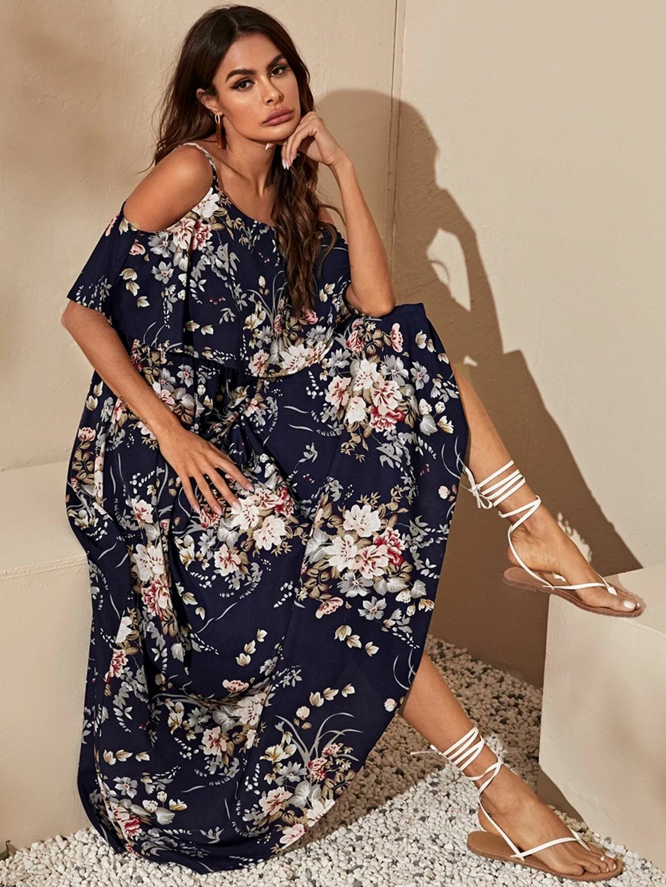 SHEIN VCAY Cold Shoulder Flounce Foldover Floral Dress