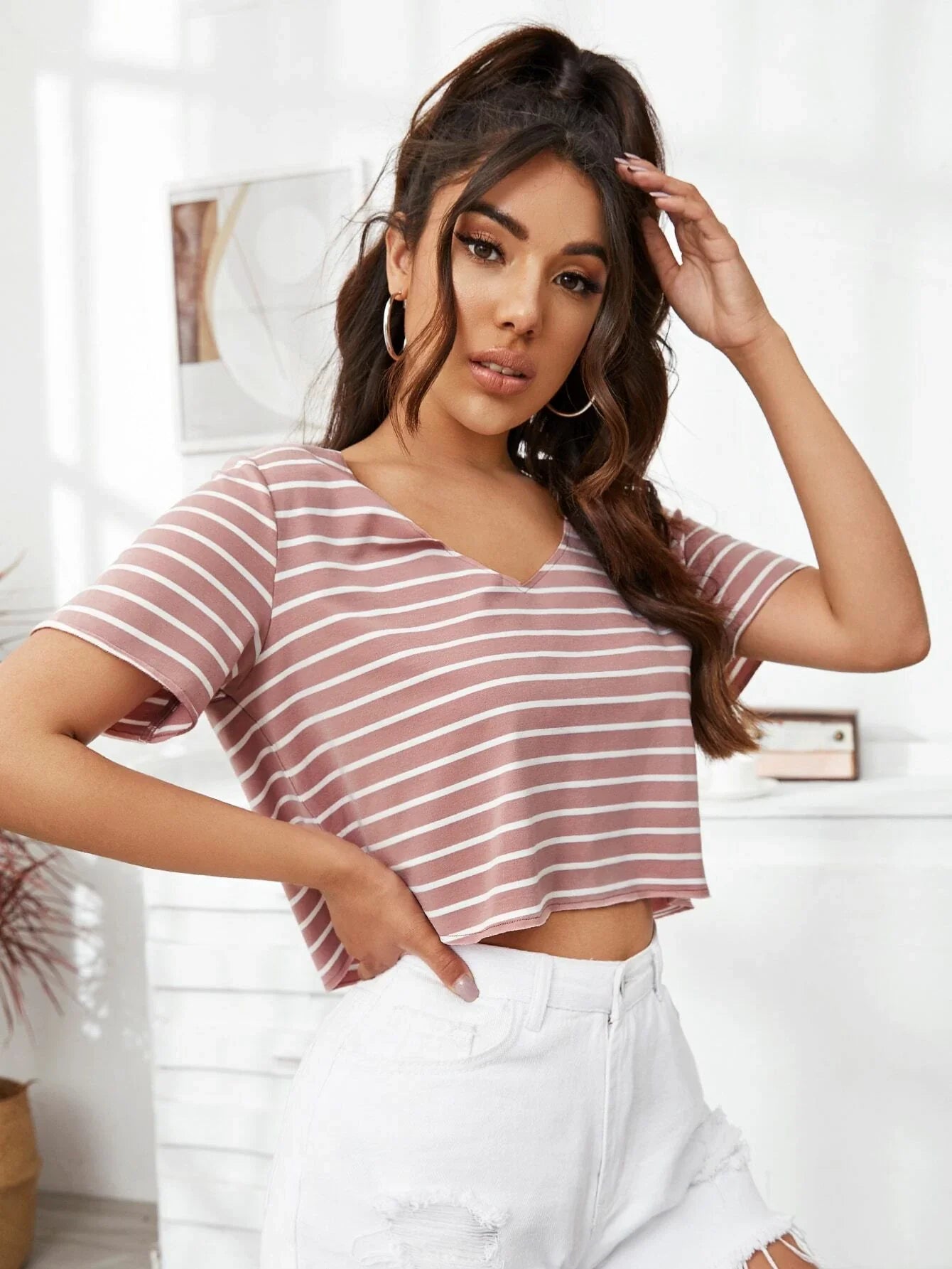 SHEIN V-Neck Striped Crop Top