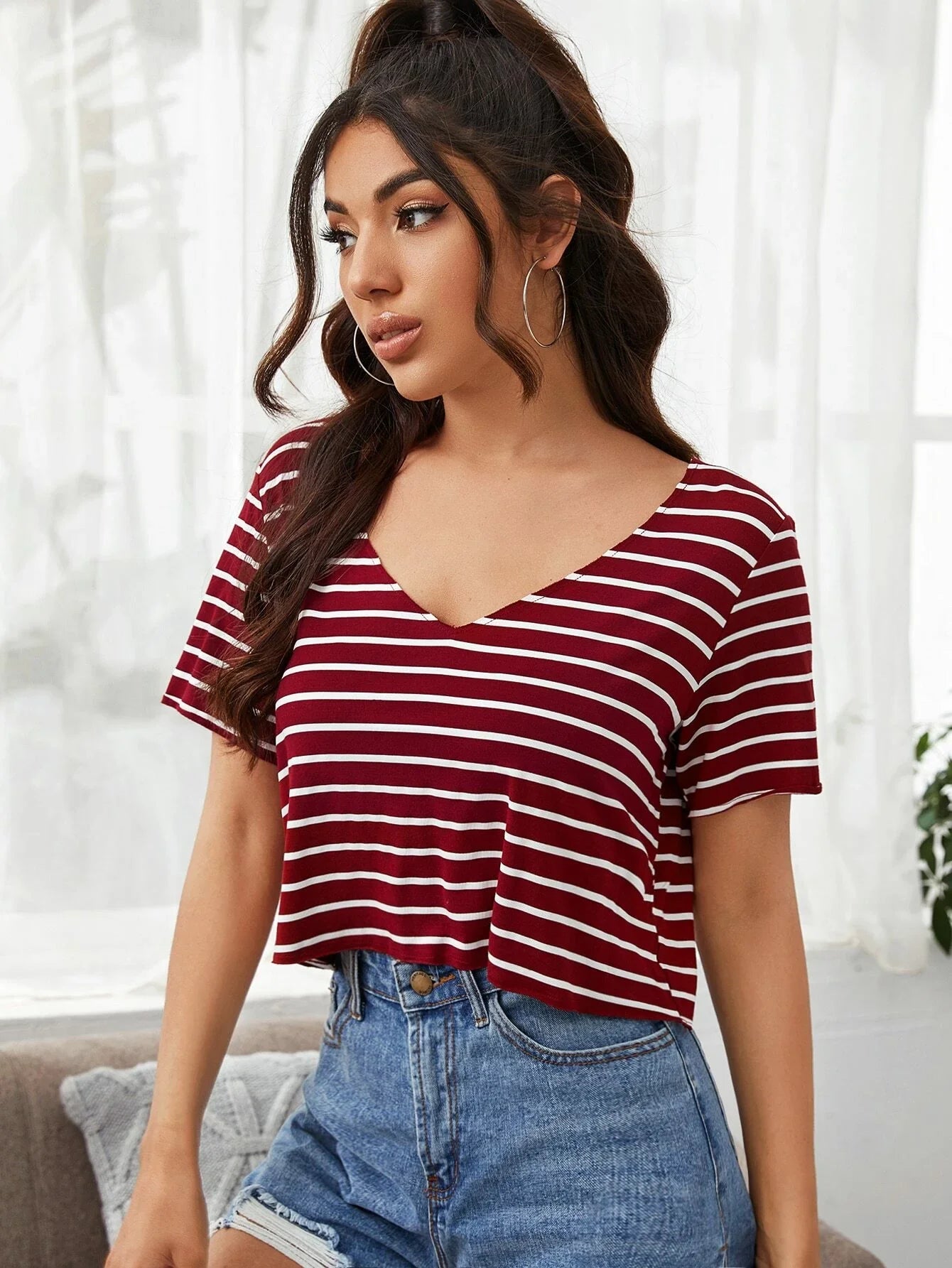 SHEIN V-neck Striped Boxy Tee