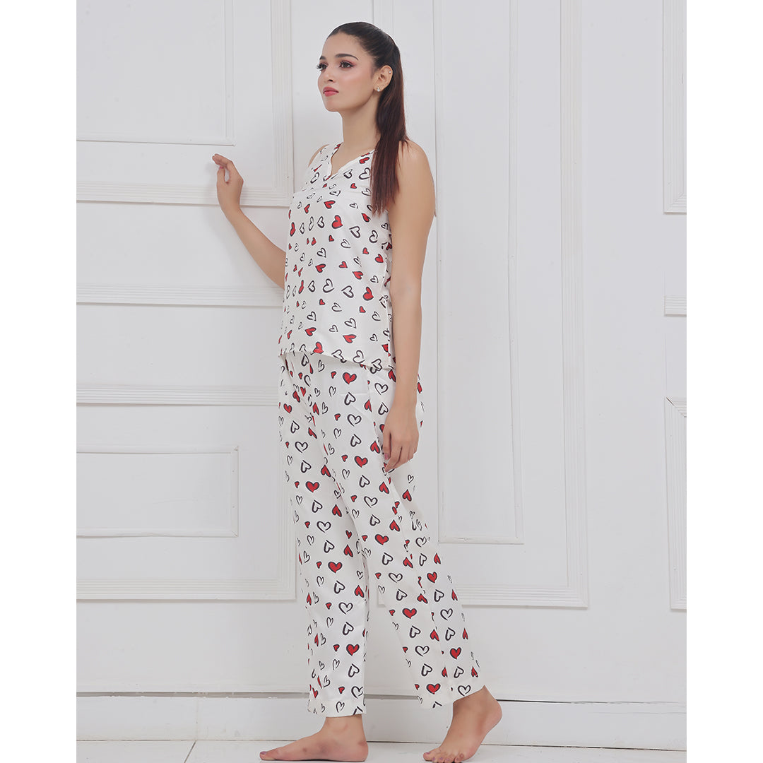 Silk Secret Spice Ceder Strap Jumpsuit Printed Hearts White