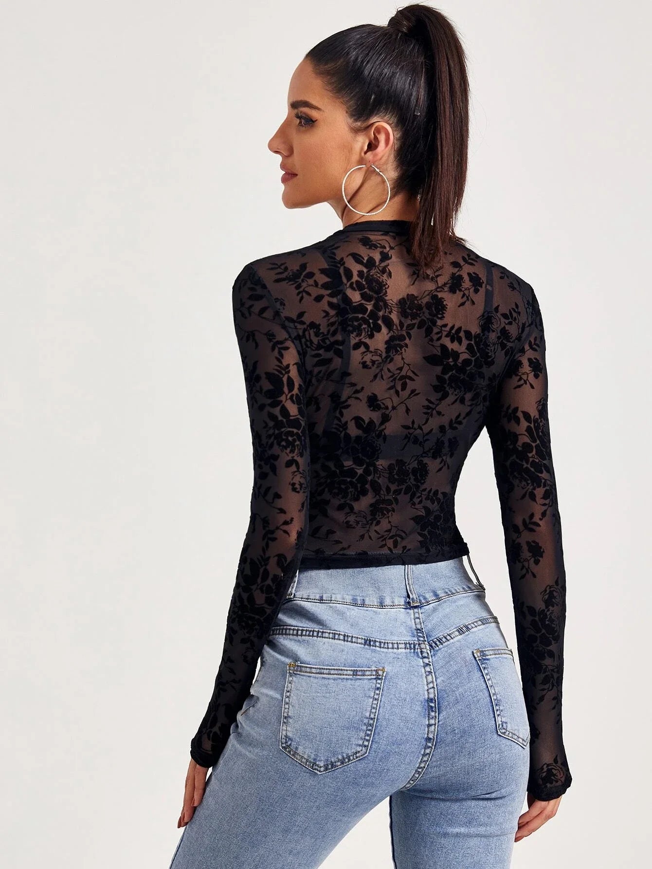 SHEIN Mock-Neck Flocked Mesh Top Without Bra