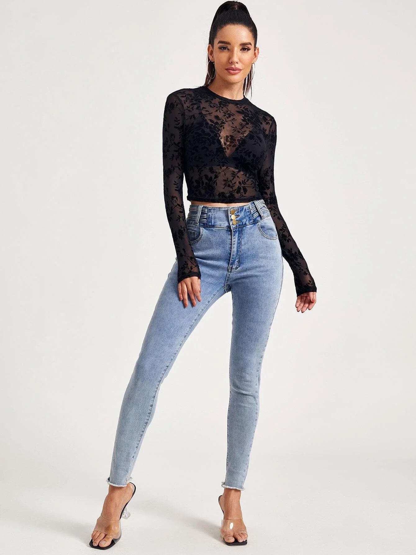 SHEIN Mock-Neck Flocked Mesh Top Without Bra