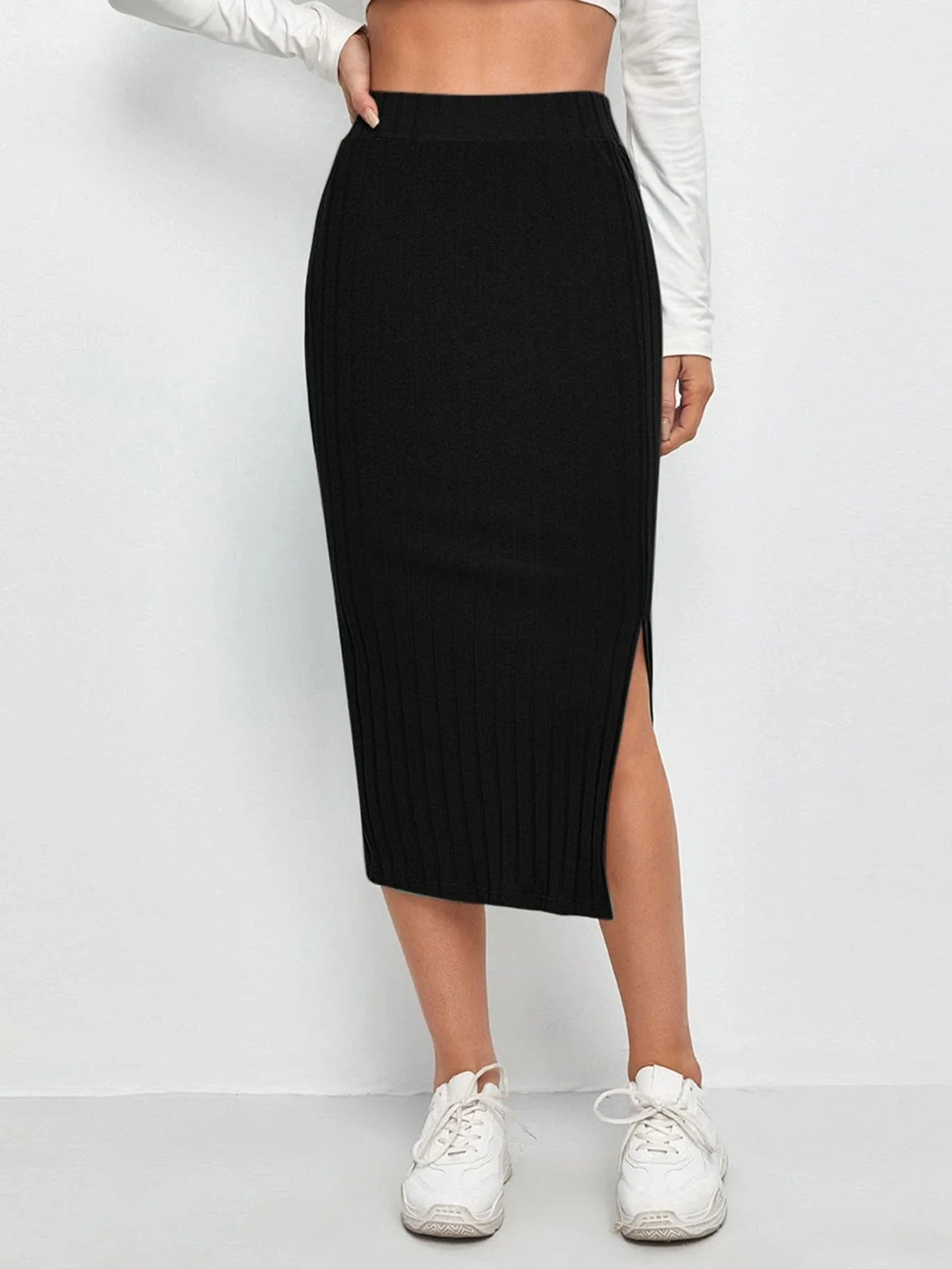  | SHEIN Slit Hem Rib-knit Pencil Skirt | Skirt | Shein 