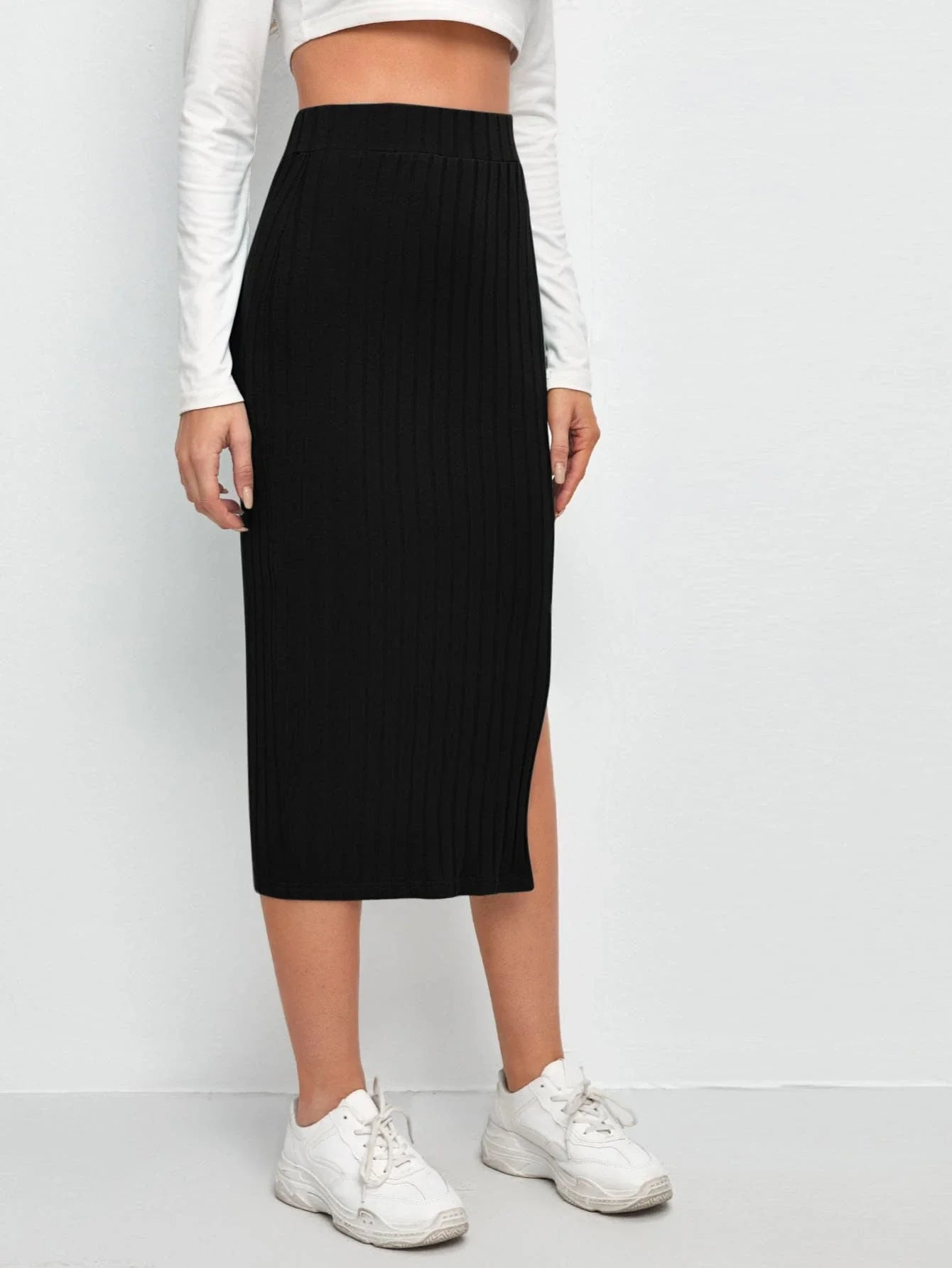  | SHEIN Slit Hem Rib-knit Pencil Skirt | Skirt | Shein 